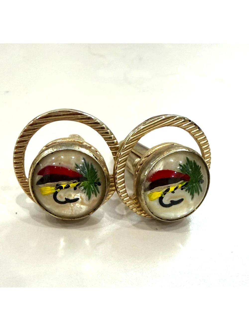 Jewelry Cuff Links Vintage Set Fishing Lure Design Themed Gold Colored Setting